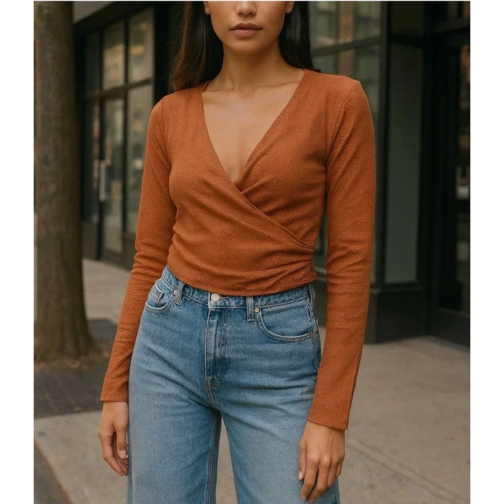 FREE PEOPLE Textured Ruched‎ Cinch Wrap Top Rust Brown Boho Chic Hippie Size S